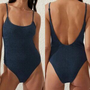 NWT Cotton On Thin Strap Low Scoop One Piece Cheeky, Tidal Navy/Black Crinkle, L